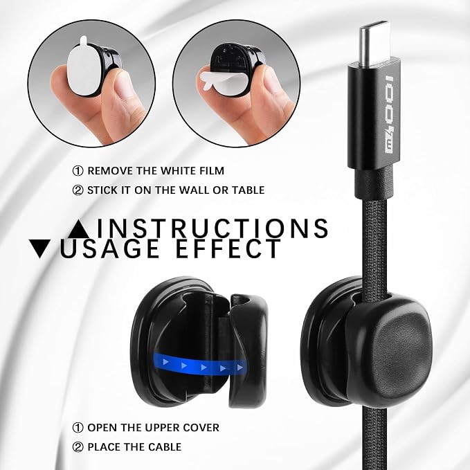 7mm Spring Cable Holder Clips, 3 Pack Desk Cord Organizer, Black | Compact cord clips blend into desk edges, bedside tables and car interiors; reduce cord clutter without taking much space