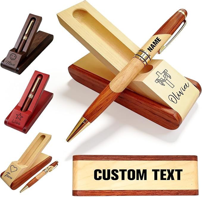 Custom Wooden Ballpoint Pen Set Customized with Name Text Logo Personalized Wood Pens Set with Engravable Wood Gift Box for Men Women Boss Colleague Friend (wooden pen)