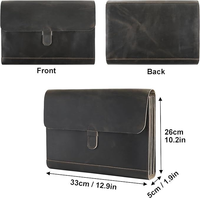 Genuine Leather File Folder, Accordian File Organizer, Leather Document Holder Resume Folio for Men & Women - Grey