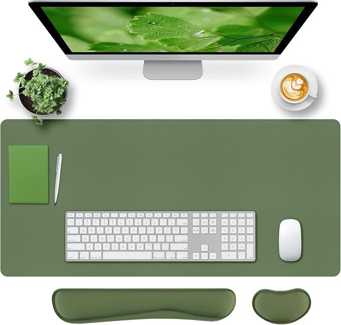 Bloss Keyboard and Mouse Wrist Rest + Leather Desk Mat, Desk Mat for Keyboard and Mouse, Desk Accessories for Women(35.4 x 15.7 Inch,Olive Green)