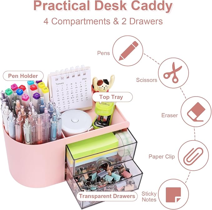 Meiikun Desk Organizer with Drawer, Pen Organizer for Desk, Small Pencil Holder, Desk Organizers and Accessories for Office Home Storage (2 Drawers+4 Compartments, Pink)