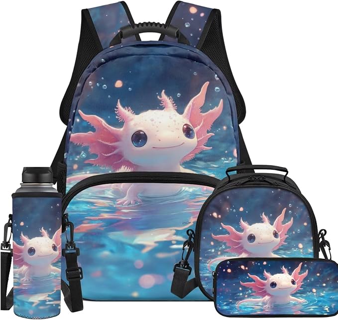 Ystardream Kids School Backpack with Lunch Box Aesthetic Axolotl Backpack for Girls Elementary School Large Rucksack Daypack with Pencil Case,Water Bottle Sleeve 4 Piece School Supplies for Boys Girls