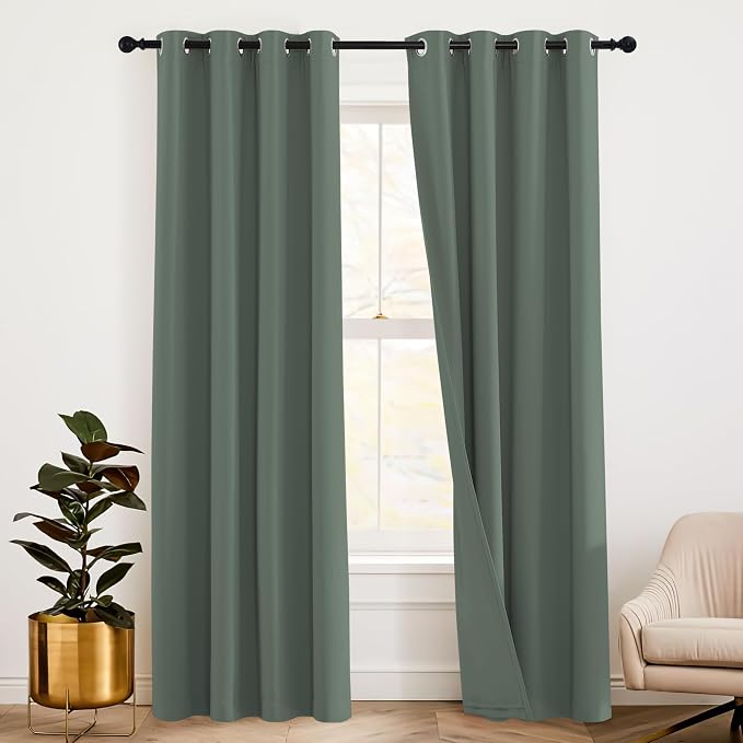 RYB HOME Noise Cancelling Curtains - 3 Layers Blackout Curtains Privacy Window Treatment Thermal Insulated Room Divider Drapes for Studio Bedroom Laundry Room, 52 x 102 inches, Hunter Green, 2 Pcs