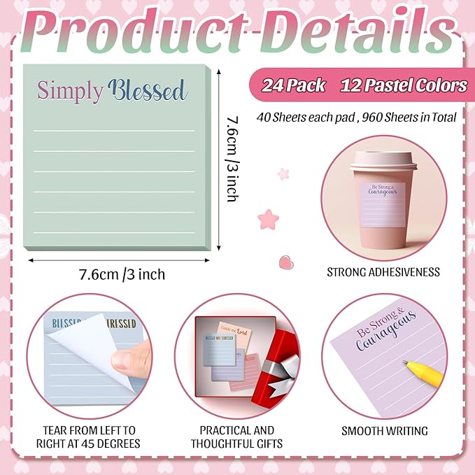 Yinder 24 Pcs Inspirational Sticky Notes Thank You Gift Motivational Sticky Note Pad Employee Appreciation Gift Bulk for Staff Coworker Teacher Nurse Office Groups 3 x 3'' (Bible,Aesthetics)