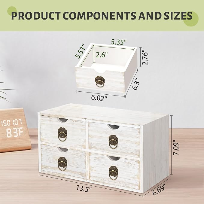 Wood Desk Organizer, White Wooden Desktop Organizer with Drawer, Tabletop Storage Organization Box for Countertop, Home Office Supplies Bills, 13.5x6.6x7.09 Inch(4 Drawer)