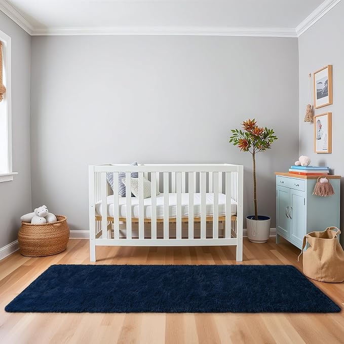 HOMORE 2x8 Runner Rugs for Bedroom, Navy Blue Ruuner Rug for Hallway Entryway Laundry, Modern Shag Bedroom Runner Cute Carpets for Kids Dorm Bedside