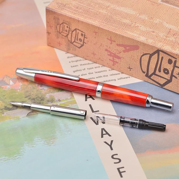 Jinhao 10 Press Fountain Pen with Box, Volcanic Red Retractable Fine Nib with Ink Converter Set (Silver Clip)