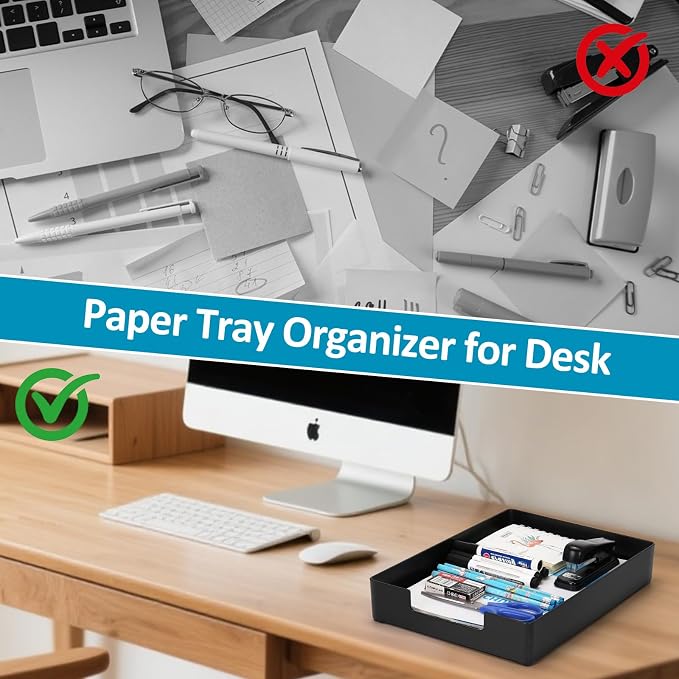 Letter Tray, Desk Organizer Tray, A4 Plastic Paper Tray Organizer for Desk, Stackable Rectangular Inbox Mail File Holder, Drawer Organizer for Desk Accessories Office School Home Supplies (Black)