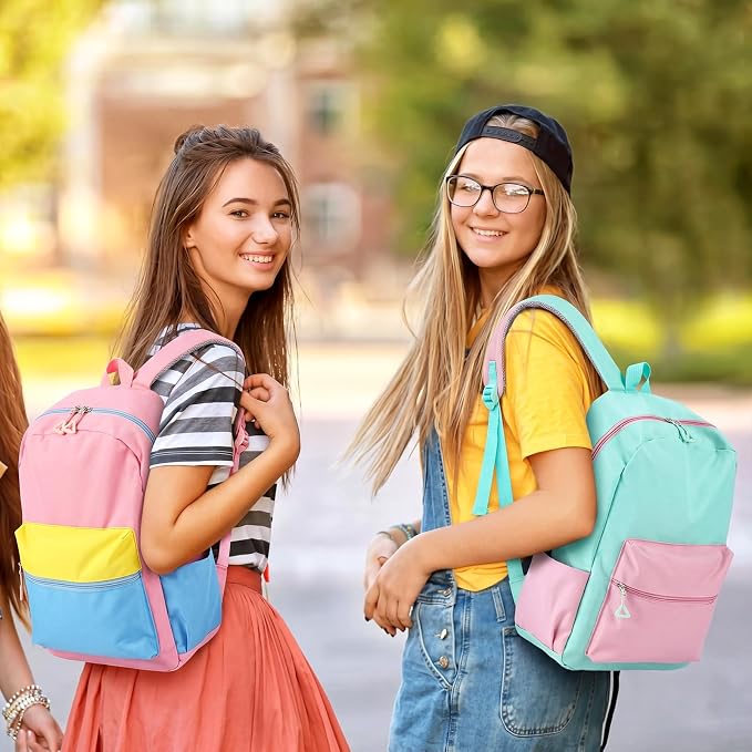 17'' Backpacks Bulk with Supplies Stationery Kits, Printed Bookbags and Writing Accessories Kit for Donation(Color Block,12 Pack)