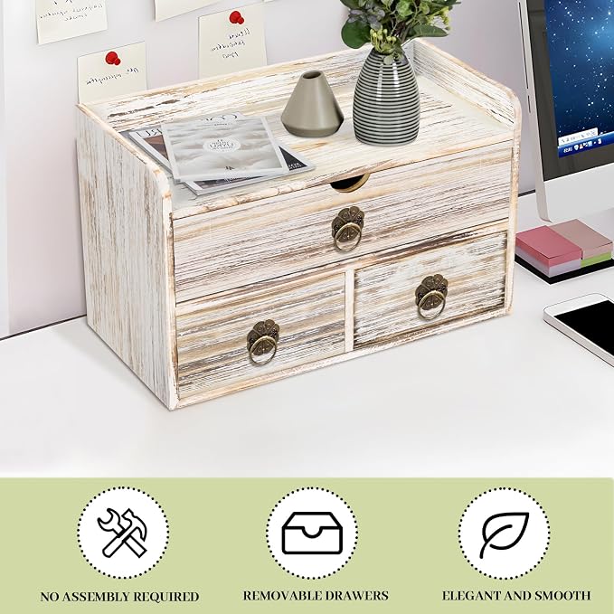Wood Desk Organizer with Drawer, Vintage Brown Wooden Desktop Organizer, Tabletop Storage Organization Box for Countertop, Home Office Supplies, 13.5x6.6x8.2 Inch(3 Drawer and Shelf)