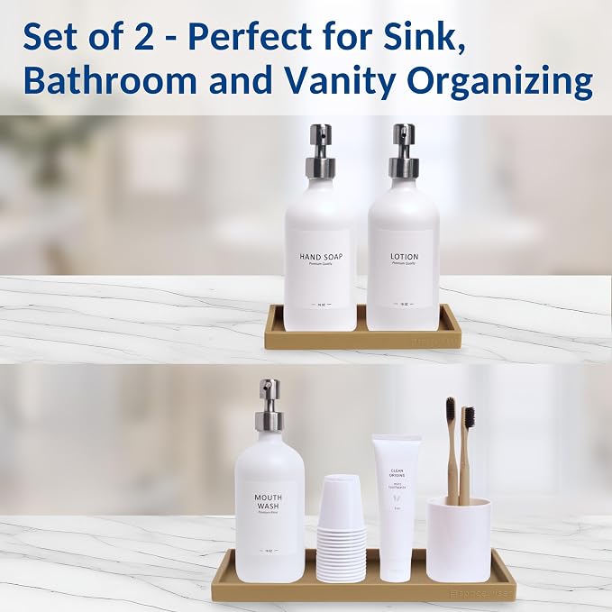 Countertop & Vanity Silicone Tray – 2 PC (11.7" & 7.7") Set | Bathroom Tray & Kitchen Soap Tray Set, Bathroom Counter Tray, Kitchen Sink Dish Soap Tray for Countertop Organization