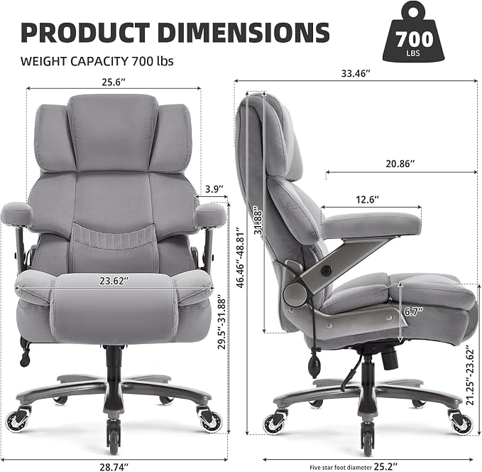 VUZI 700LBS Large Heavy Duty Office Chair with 3D Flip Arms, Big and Tall Plus Size Fabric Executive Desk Chairs, High Back Extra Wide Computer Chair with Adjustable Lumbar Support, Sturdy Metal Base