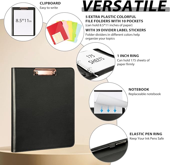 Ospelelf Leather Clipboard with Storage, Zippered Padfolio Portfolio Organizer, 3 Ring Binder 1 Inch, Notepad, Tablet Sleeve, 5 Dividers with Pocket for Office, Nurses, Students, Teachers Black