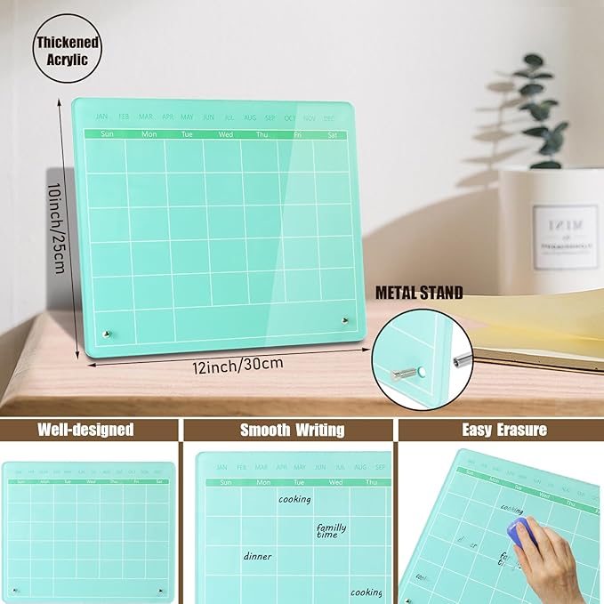 Calendar Dry Erase Board,12"X10",Acrylic Desk Calendar with Stand,Green Dry Erase Board for Home Office School-YL-G-2530