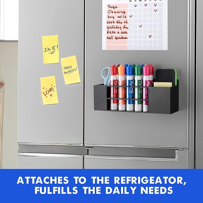 Magnetic Dry Erase Marker Holder for Whiteboard, Wall Mount Pen Holder for Refrigerator, Clear Pencil Holder for Fridge, Strong Magnet Locker Organizer for Classroom(Black)