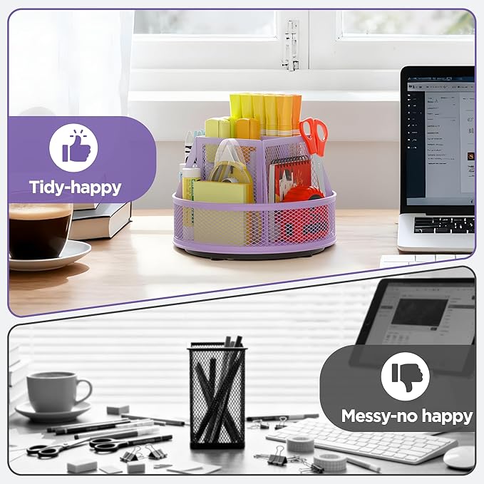 Docnest Mesh 360 Degree Rotating Pen Holder with 6 Compartment,Metal Pencil Cup Art Supply Storage Box Caddy,Teacher Stationery and Dorm Supplies Desk Organizer for Pencil,Sticky Note,Scissors-Purple