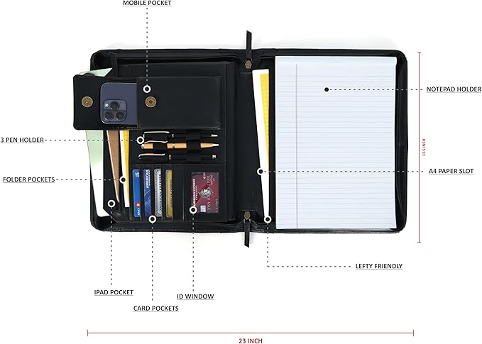 Leather Portfolio for Men, Portfolio Organizer with Zipper for Men Women, Leather Padfolios Business Resume Legal Pad Notebook Binder for A4/Pad (Black)