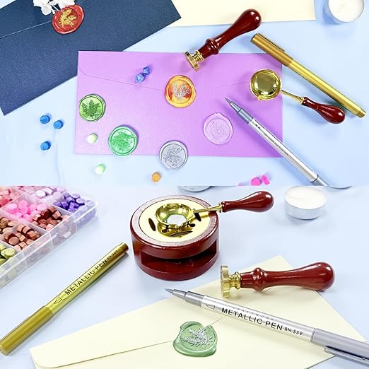 Wax Seal Kit, 624 Pcs 24 Colors Sealing Beads, 1 Pcs Stamp,Sealing Wax Warmer,Spoon,Mat,Metallic Pen, 10Pcs Envelope, 8Pcs Tea Candles for Wedding Birthday Gift and DIY Craft