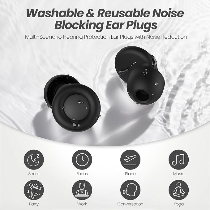 JUSTRVN Ear Plugs for Sleeping,2 Pairs of Noise Reduction Earplug for Concert&Study, Hearing Protection Earplugs -30dB with 4-Size Tips,Reusable Silicone Earplugs for Comfort,Focus and Loud Events