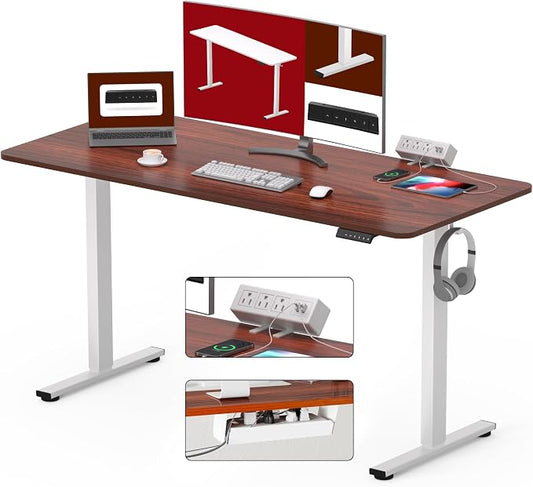 SANODESK Electric Standing Desk 55"x 28" with Clamp Power Strip - Height Adjustable Whole-Piece Desktop, Cable Management, Sit Stand Home Office - White Frame/Mahogany Top