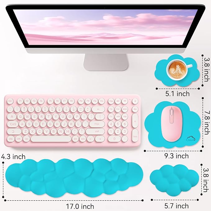 Sushret Cloud Wrist Rest for Computer Keyboard, 4-in-1 Memory Foam Leather Cloud Keyboard Wrist Rest and Mouse Pad Set with Ergonomic Support for Arm and Palm Cushion, Gaming/Work Setup, Scuba Blue