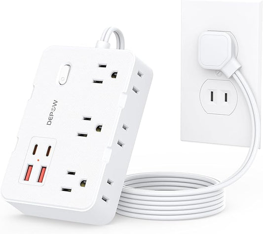 DEPOW 2 Prong to 3 Prong Adapter Power Strip - 6 Outlets & 4 USB Ports (2 USB-C), 1050J Two Prong Surge Protector, 5FT Extension Cord, Wall Mount - Ideal for Old Houses Non-Grounded Outlets