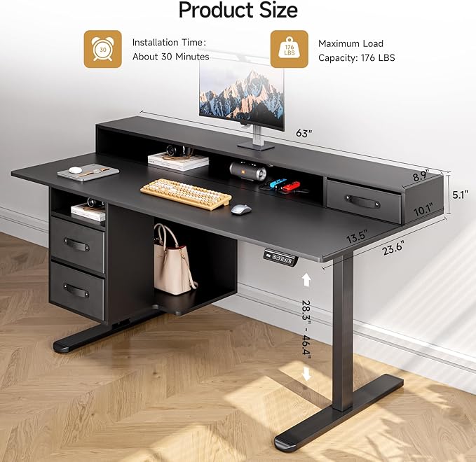 ONBRILL Standing Desk with Drawers, 63x24 Inch Electric Stand Up Desk with 3 Drawers and Open Storage Shelf, Adjustable Height 28-46 Inches for Home and Computer Workstation, Black