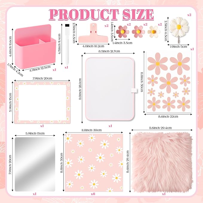 BeYumi Pink Locker Accessories Kit - Back to School Pink Daisy Locker Organizer Decoration Supplies for Kid Magnetic Wallpaper Pen Holder Whiteboard Marker Mirror Magnets Rug Classroom Accessories Kit