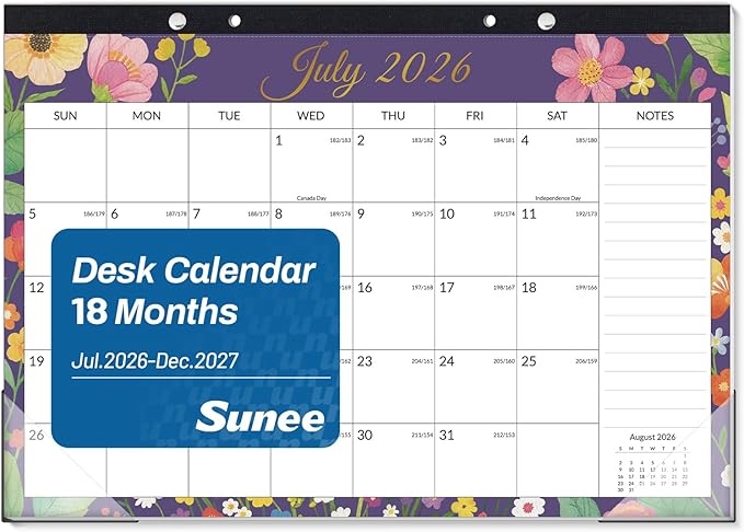 SUNEE Desk Calendar 2026-2027 17" x 12", 18 Month Calendar Jul. 2026 - Dec. 2027, Calendar 2026-2027 With Notes, for Planning, Organizing in Family, School or Office - Colorful Floral