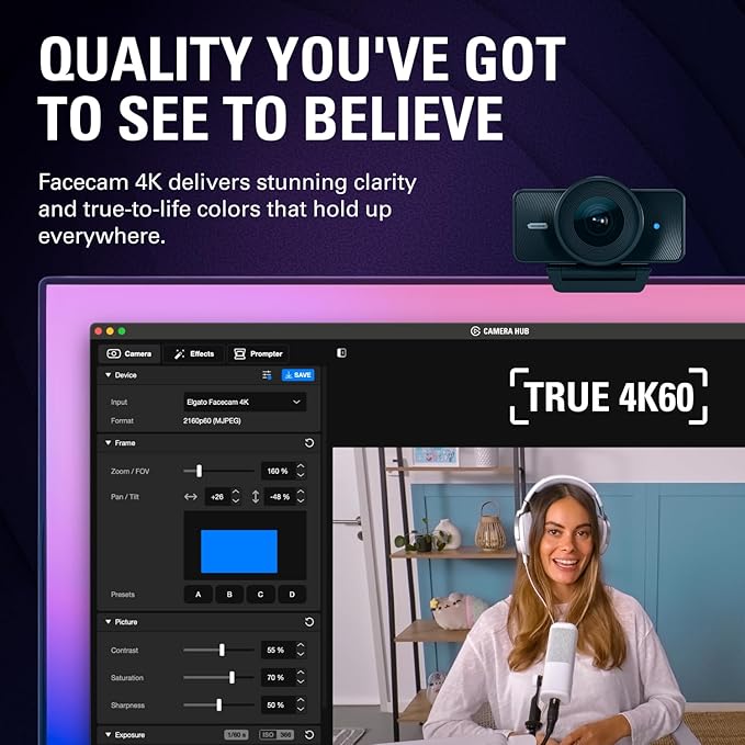 Elgato Facecam 4K - 4K60 Studio Webcam, DSLR-Like Control, Cinematic Effects, 49mm Lens Filters, HDR, Uncompressed Video, Optimized Focus Area | USB-C for PC & Mac | Sony Sensor, 49mm Lens Filter Support, Cinematic Effects, No Compression, Works with O...