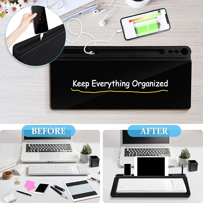 DOLLAR BOSS Glass Desk Whiteboard Small Dry Erase Board Desktop White Board with Storage Drawer Computer Keyboard Stand Desk Organizer Office Accessories School Supplies with 4 Markers 1 Rag, Black