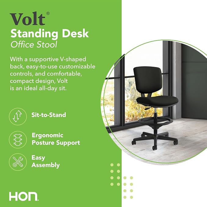 HON Volt Standing Desk Chair with Bonded Leather Seat and Back, Armless Ergonomic Task Stool with Adjustable Footring and Center‑Tilt Recline for Sit‑Stand Workstations, Black