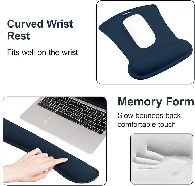 MOSISO Wrist Rest Support for Mouse Pad & Keyboard Set, Ergonomic Mousepad Non-Slip Base Home/Office Pain Relief & Easy Typing Cushion with Neoprene Cloth & Raised Memory Foam, Haze Blue