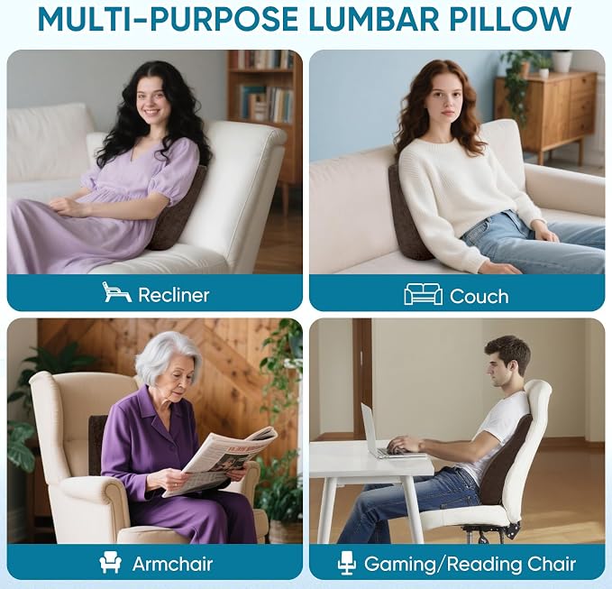Lumbar Support Pillow for Recliner, Ergonomic Back Support Pillow | Dual-Layer Memory Foam, Soft Velvet Cover, Lower Back Pain Relief, Couch Back Cushions for Recliner, Sofa & Gaming Chair