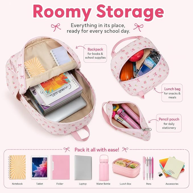 Bluboon School Backpack Set Girls Womens Laptop Bookbag Casual Daypack Fits 15 inch Laptop with Lunch Tote Bag and Pencil Bag
