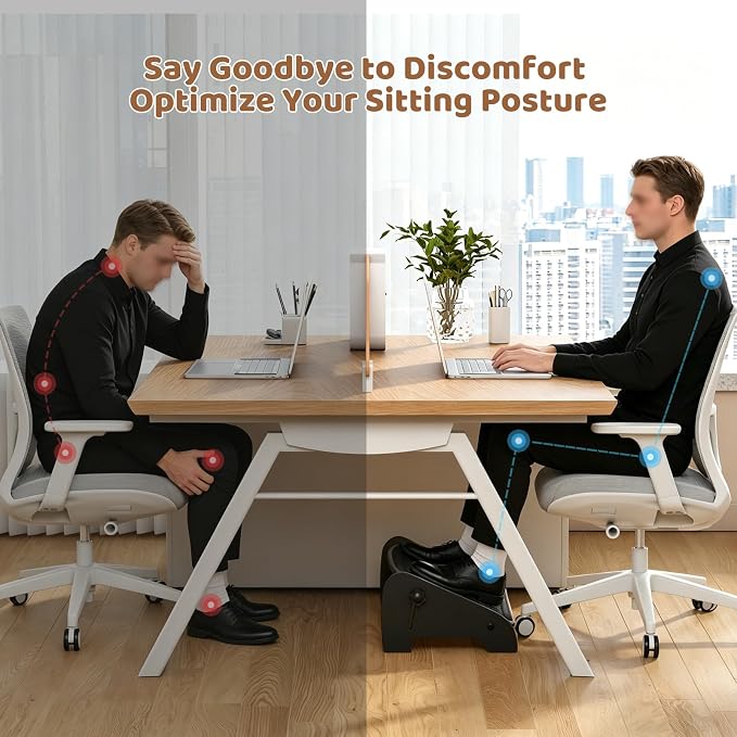 Adjustable Under Desk Footrest-Bamboo 4-Position Ergonomic Office Foot Stool with Large Non-Slip Surface, Improves Posture for Home,Office & Computer Desk Use (Black)