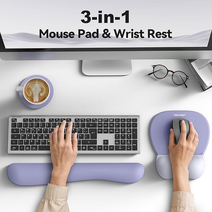 TECKNET Gel Mouse Pad with Wrist Rest, 3 in 1 Keyboard Wrist Rest for Pain Relief, Non-Slip PU Base & Easy Typing, Ergonomic Mousepad Set for Office & Home