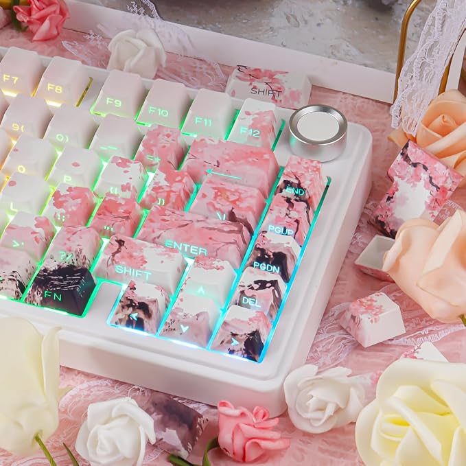 Tsungup PBT Keycaps Cherry Blossom Keycap Set - Custom Landscape Painting Sakura Pink Keycaps,131 Keys Side Print Key caps Cherry Profile Keyboard Key caps for Mechanical Keyboards