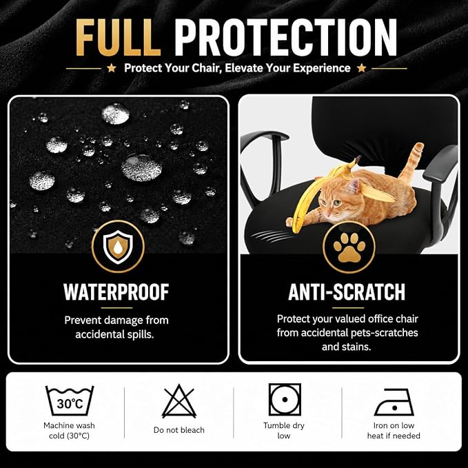 Water-resistant Stretchable Computer Chair Covers - Washable Rotating Backrest and Seat Protectors for Pets - Black
