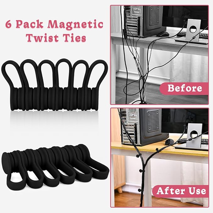 Viaky Magnetic Cable Ties 6-Pack,Silicone Cord Ties Cable Clips,Black | Magnetic Cord Organizers for Wires, USB Cables, Earphones,Reusable Twist Ties Wire Organizer for Home,Office,Kitchen,School
