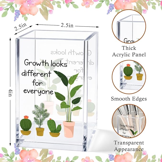 Acrylic Pen Holder Cup, Growth Looks Different for Everyone Desk Decor, Inspirational Pencil Holder Organizer, Motivational Gift for Coworker Friend Women