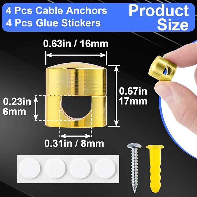 SmallCat 4 Sets Charger Holders for Cords, Gold Color Adjustable Cable Anchor Holders, Adhesive Metal Cord Clips, Cable Management Wire Organizers for Desk, Office, Nightstand