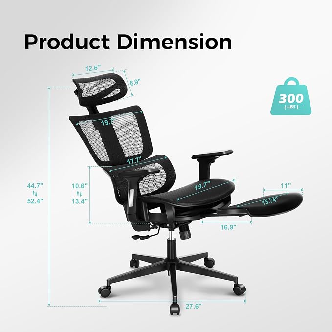 ALPHA HOME Ergonomic Office Chair, High Back Mesh Computer Chair, Footrest | Black Task Chair with Lumbar Support, Adjustable Height&Headrest&Flip-Up Armrest, 360° Swivel Wheels, SGS Certified