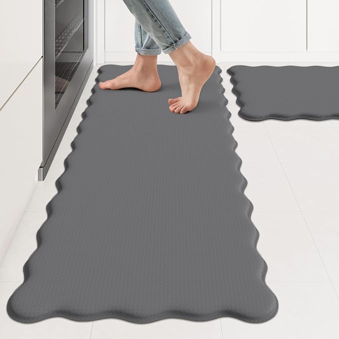KIMODE Anti Fatigue Kitchen Mats for Kitchen Floor,Scalloped Kitchen Rugs Sets of 2 Non Slip,Cushioned Padded Memory Foam Kitchen Floor Mat Carpet for Office Laundry Sink,Grey