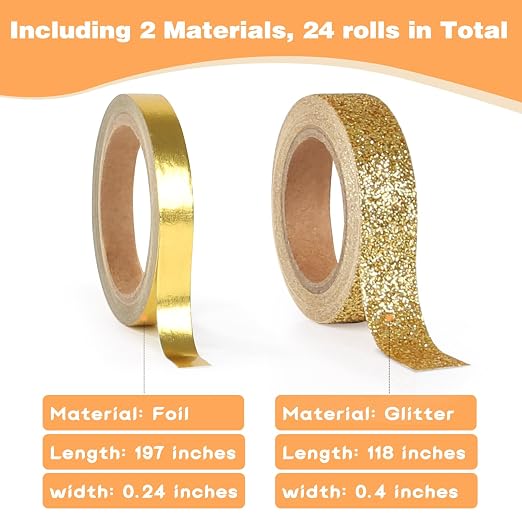 Metallic Glitter Washi Tape - 24 Rolls Thin Colored Masking Tape Set, 6mm/10mm Decorative Tapes for Bullet Journal, Scrapbook, Christmas DIY Crafts, Gift Packaging