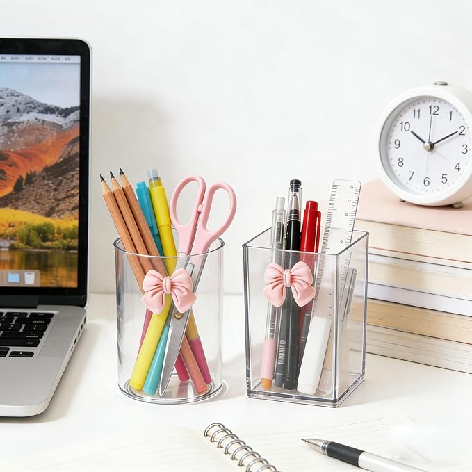 2 Pack Pen Pencil Holder for Desk, Acrylic Desk Organizer with Bow Clear Makeup Brush Holder Cup Desktop Stationery for Office School (Transparent)