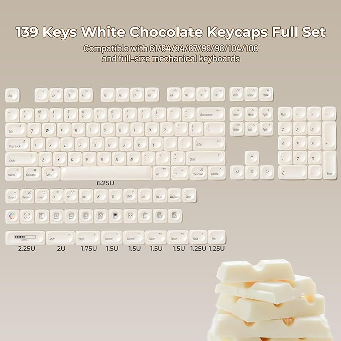 OHY White Keycaps, XVX MOA Profile Minimalist Mac Style Keycap Set, Custom Cute Ceramic-Textured Keycaps for MX Switches Mechanical Keyboard-White Chocolate(Only Keycap,No Keyboard)