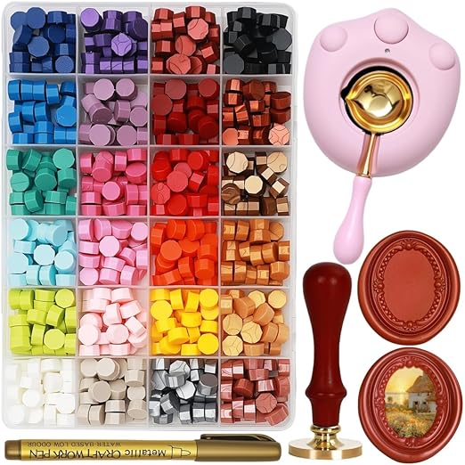 Frame Wax Stamp Kit, Electric Wax Seal Warmer Set with 624Pcs Sealing Waxs Beads, 3D Embossed Frame Relief Carve Stamps Waxing, Gold Pen, Tweezer (Set03)