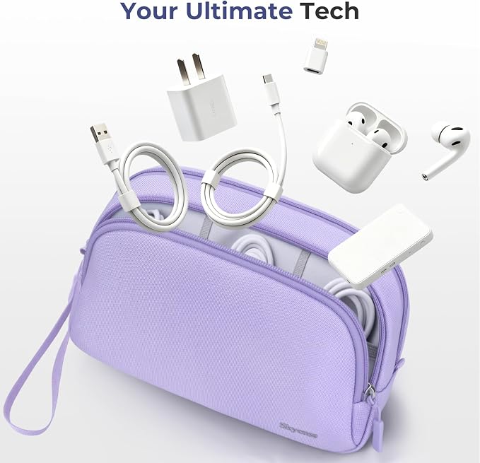 Skycase Travel Cable Organizer - Lightweight Water Resistant Dual-Layer Tech Pouch with Wrist Strap 11 Compartments Electronic Organizer Travel Case for Charger Cord Hard Drive,Large,Purple