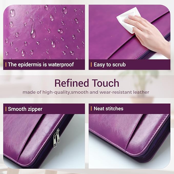 Faux Leather Zippered Padfolio with 3 Ring Binder, Executive Portfolio Organizer Binder for Women, Fits 13.9" Laptop/Tablet, Refillable Writing Pad Pocket, Purple